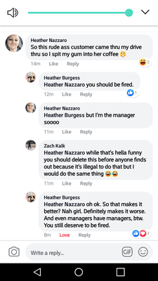 I hope she doesnt work at your location. Claims to be a manager and this is what shes putting on social media. What else has she done?