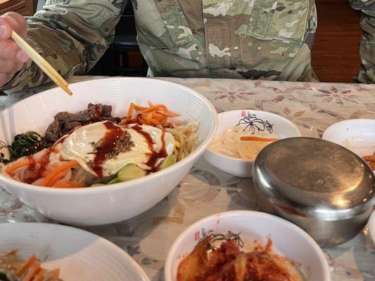 The main dish of  Jap Chae and some of the banchan, a great assortment of Korean side dishes.