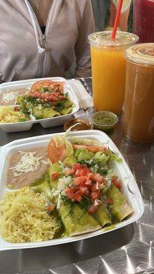 Vegan pollo enchiladas with fresh squeezed orange juice