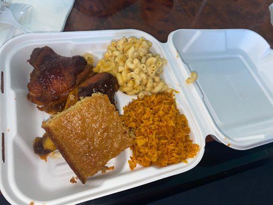 2 piece meal-  bbq chicken, Mac and cheese, yellow rice and cornbread