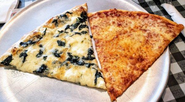 Spinach/ricotta/mozzarella + plain pizza slices. Both gOOd n yOOge!