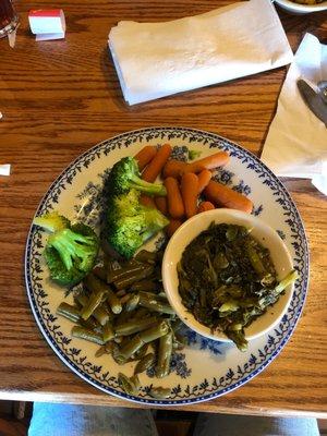 Four veggie plate - greens, green beans, broccoli and carrots.