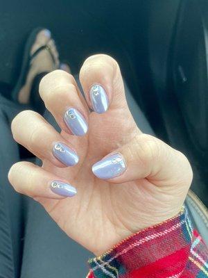 Periwinkle nail art with chrome and rhinestones