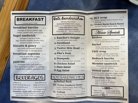 Menu with new prices