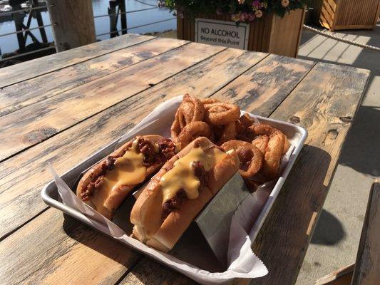 Chili cheese dogs and onion rings