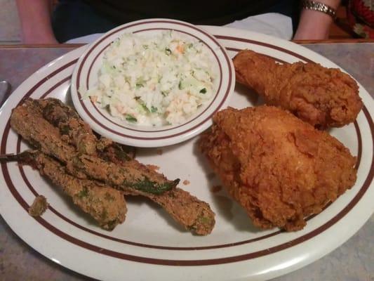 Fried Chicken, fried okra and slaw.  Wonderful chicken