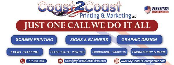 Coast 2 Coast Printing & Marketing is your )ne-Stop Shop for ALL your printing & Marketing Product needs.