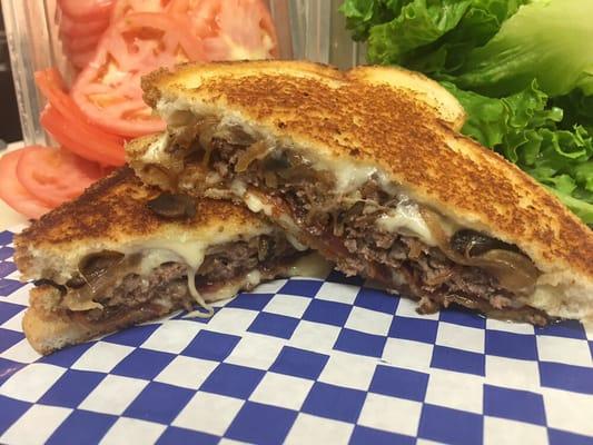 Our grilled Swiss Mushroom and Bacon Patty Melt