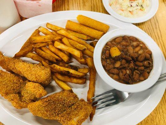 Small Catfish (3) with beans, fries, coleslaw, and hush puppies.