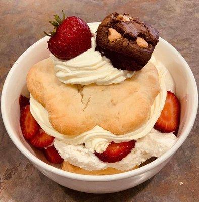 Our strawberry shortcake is made with our homemade scone fresh strawberries, and our homemade whipped cream.