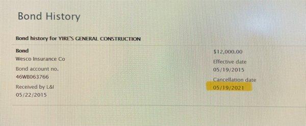 Public records indicating that, contrary to state law, Yires has been operating without a bond, exposing clients to financial and legal risk