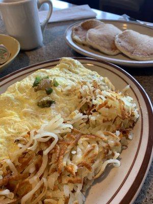 Great omelette with pancakes and hash browns