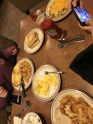 Eggs Benedict, gravy & biscuits, and frittata