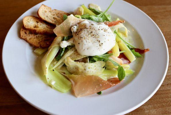 Salad of Marinated Artichokes & Leeks with Smoked Prosciutto, Burrata Cheese, Crostini, Garlic-Lemon Vinaigrette