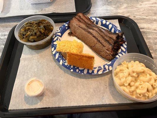 Brisket, Collard Greens, Mac and cheese, corn bread.