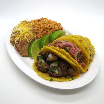 Taco Trio Plate (3 Street Tacos, Rice & Beans on homemade corn tortillas)