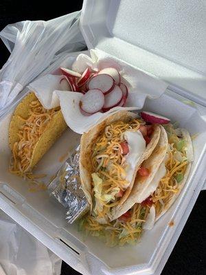 Tacos!! $2 each, plus you get to load up with free condiments from the self serve table.