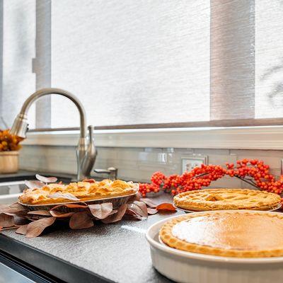 What's your favorite holiday pie?  I personally love how the pumpkin pie glistens in the soft glow of a roller shade.