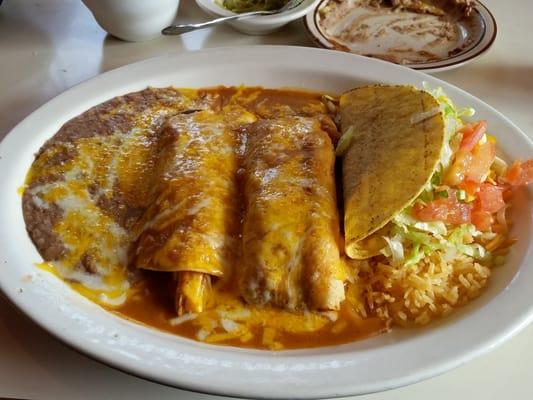 Taco, tamale, and enchilada combo