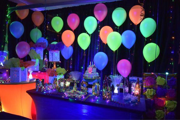 Glow in the dark theme party dessert table