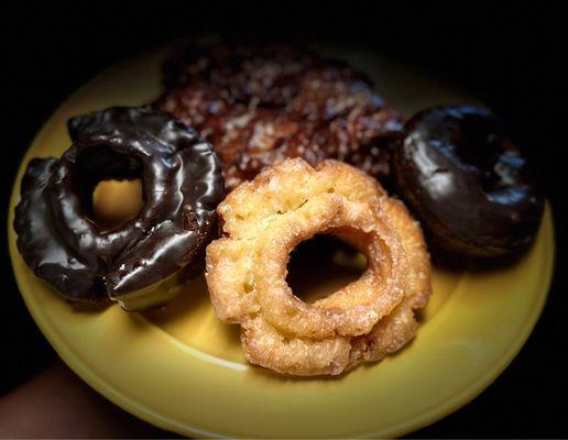 Old fashion donuts, chocolate cake donut, apple fritter