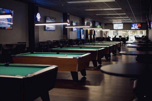 Upstairs pool tables, darts, & foosball