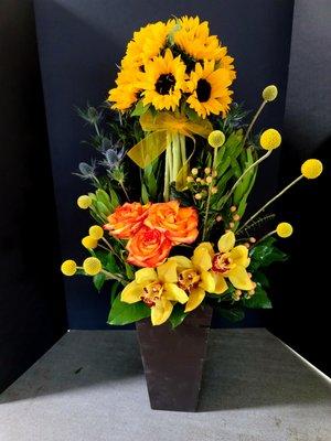 Sunflower Topiary with Orchids & roses