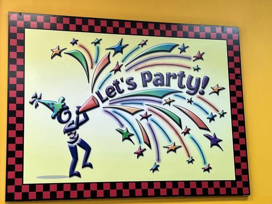 Original party room signage decor with Pumpi mascot