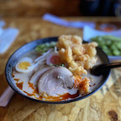 Spicy Shrimp Ramen with extra Chasu Pork.  The Pork bun was good too.