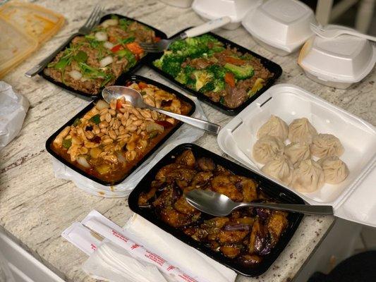 Take out 80. Cumin Lamb, 100. Eggplant in Chili Garlic Sauce, 40. Broccoli with Beef, 49. Kung Pao Chicken, soup 1. Juicy Pork Dumpling