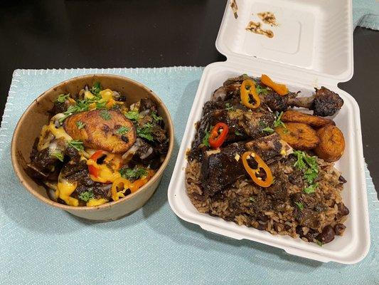 Jamaican loaded fries with oxtail and Jamaican plate with Jerk chicken