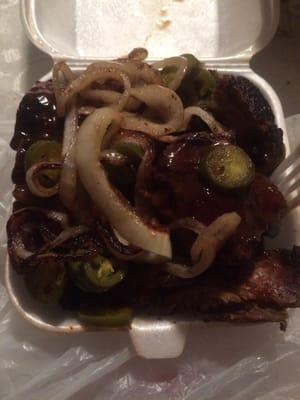 Mississippi Style Rib Tips (topped w/ onions & jalapeños)