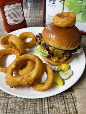 Double smash burger with onion rings