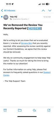 Yelp removed Karen's post and then within minutes she had reposted the same review from a different Yelp account.