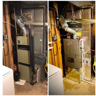 Before and after
More efficient and safer furnace with no standing pilot! 
Added AC and insulated duct work