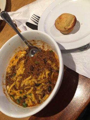 Chili and the teeniest cornbread muffin