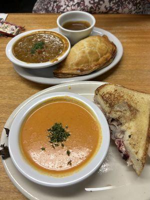 Top: Pumpkin chili & Pasty Bottom: Ginger Carrot Bisque & half Cranberry Crisp sandwich