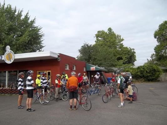 Riders gather at the Alder Street store for the annual pancake ride.