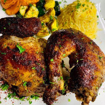 Roasted chicken saffron rice and roasted vegetables