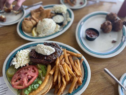 Wagyu burger,blackened fried fish and conch fritters