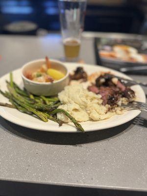 triptip mashed potatoes and shrimp and asparagus