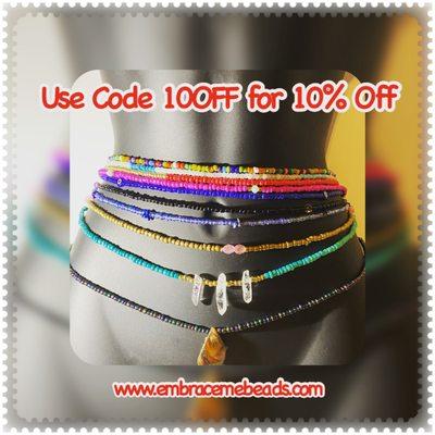 Tie on waist beads for all sizes. Up to 60 inches available.