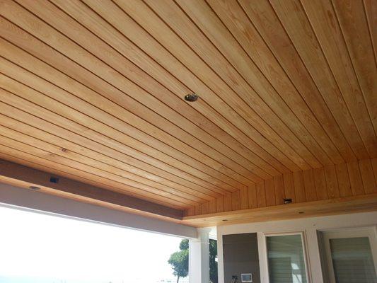 Tongue and groove shiplap ceiling. 
Came out nice