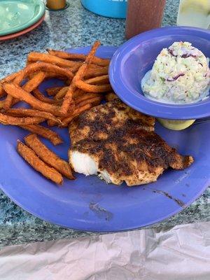 Grouper (extra blackened) lunch with sweet potato fries and homemade coleslaw. DELICIOUS!