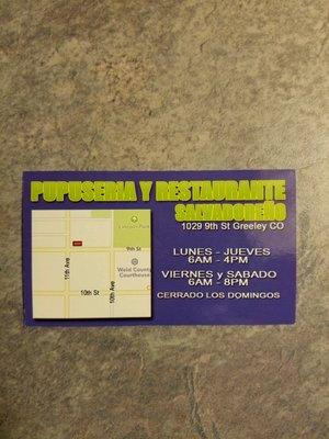 Back of business card, with map and hours