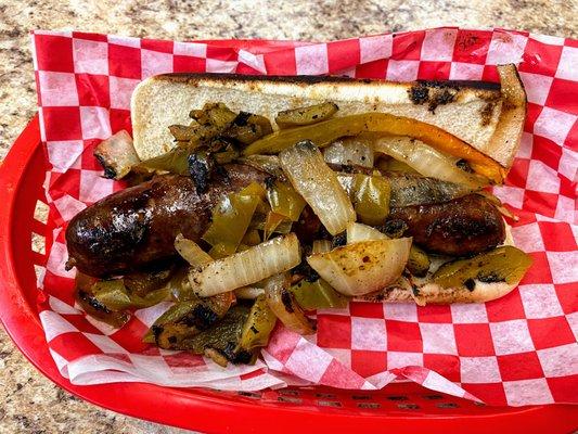 Special Hot Sausage smothered in peppers and onions