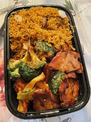 Roast pork with broccoli and pork fried rice