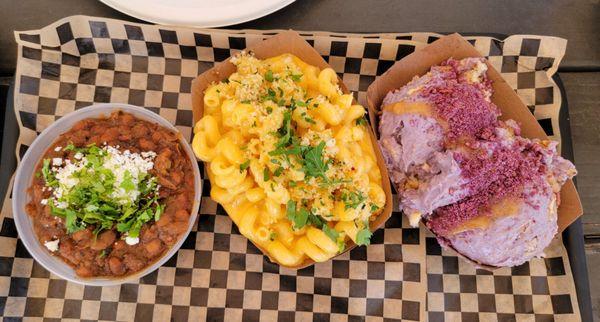 Brisket Beans, Classic Mac, Ube Banana Pudding