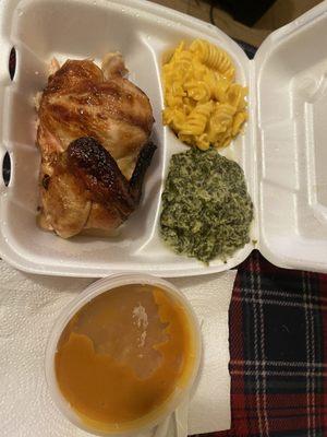 Mac and Cheese and creamed spinach Half Rotisserie Chicken and a side of Sweet Potato Casserole