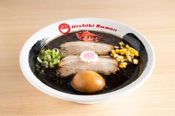 Nishiki's number 1 popular tonkotsu (pork broth) ramen with black garlic sauce.